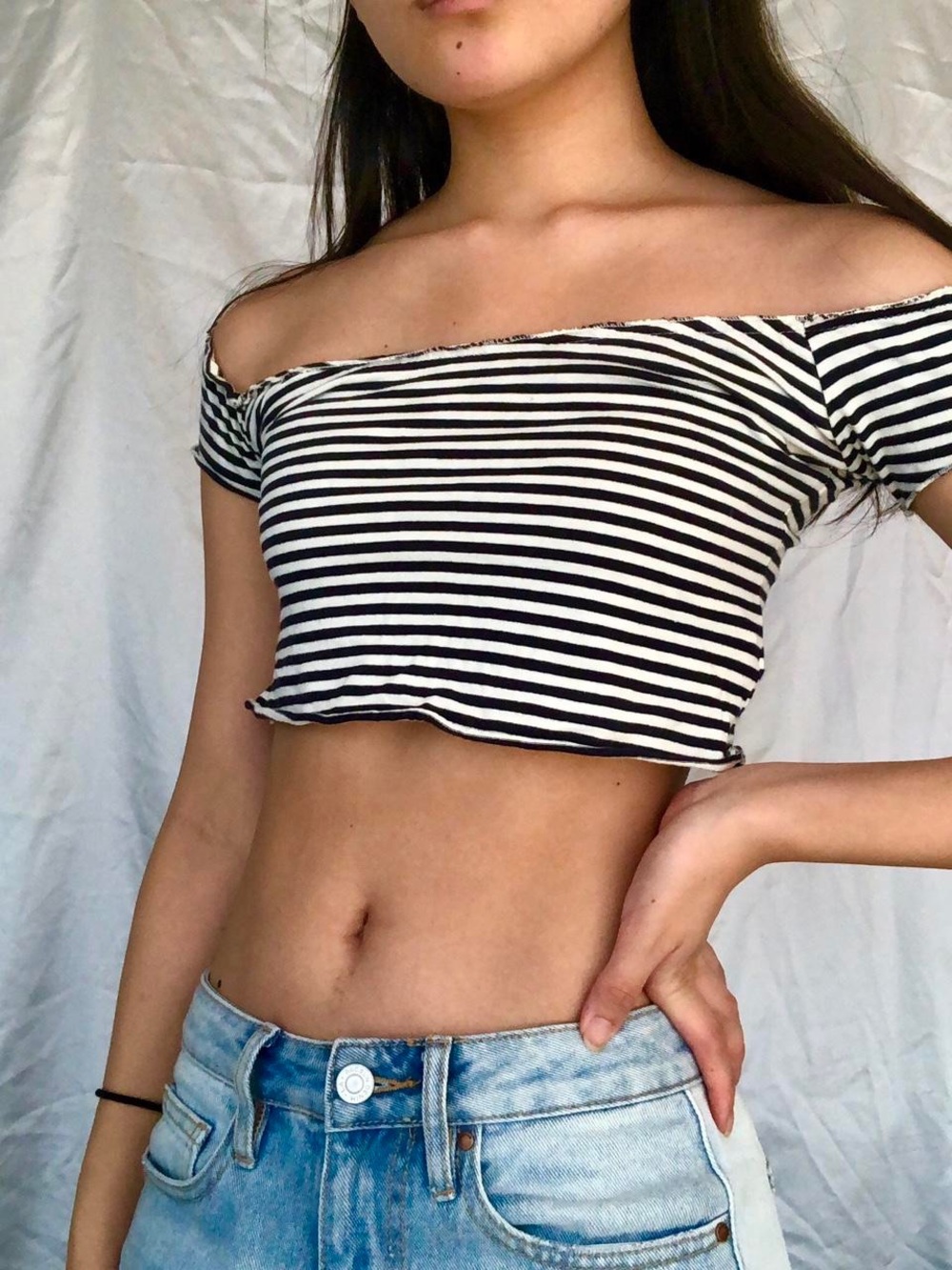 BRANDY STRIPED OFF SHOULDER CROP TOP